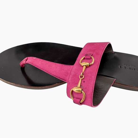 Gucci Horsebit T-Strap Flip Flop Thong Flat Sandal Pink Suede Size 38 US 8 Women - Picture 10 of 13